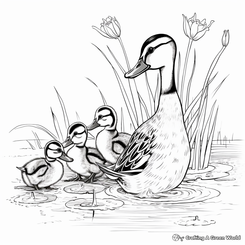 Wood Duck and Ducklings: Family Scene Coloring Pages 2