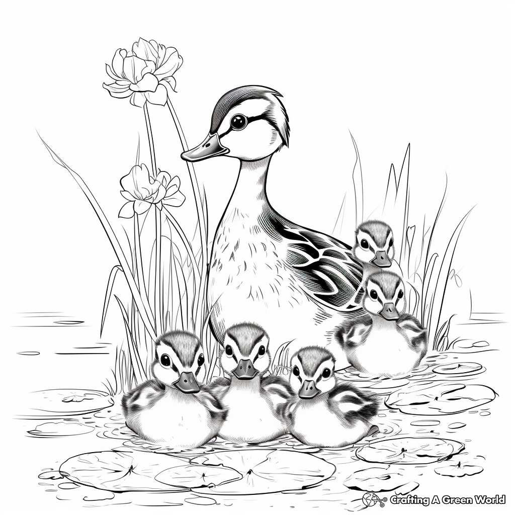 Wood Duck and Ducklings: Family Scene Coloring Pages 3