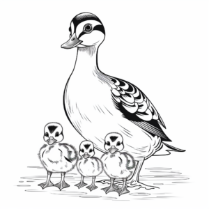 Wood Duck Family Coloring Pages: Male, Female, and Ducklings 1