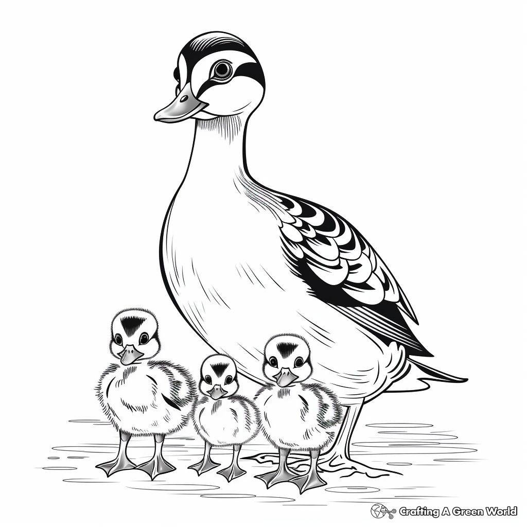 Wood Duck Family Coloring Pages: Male, Female, and Ducklings 1