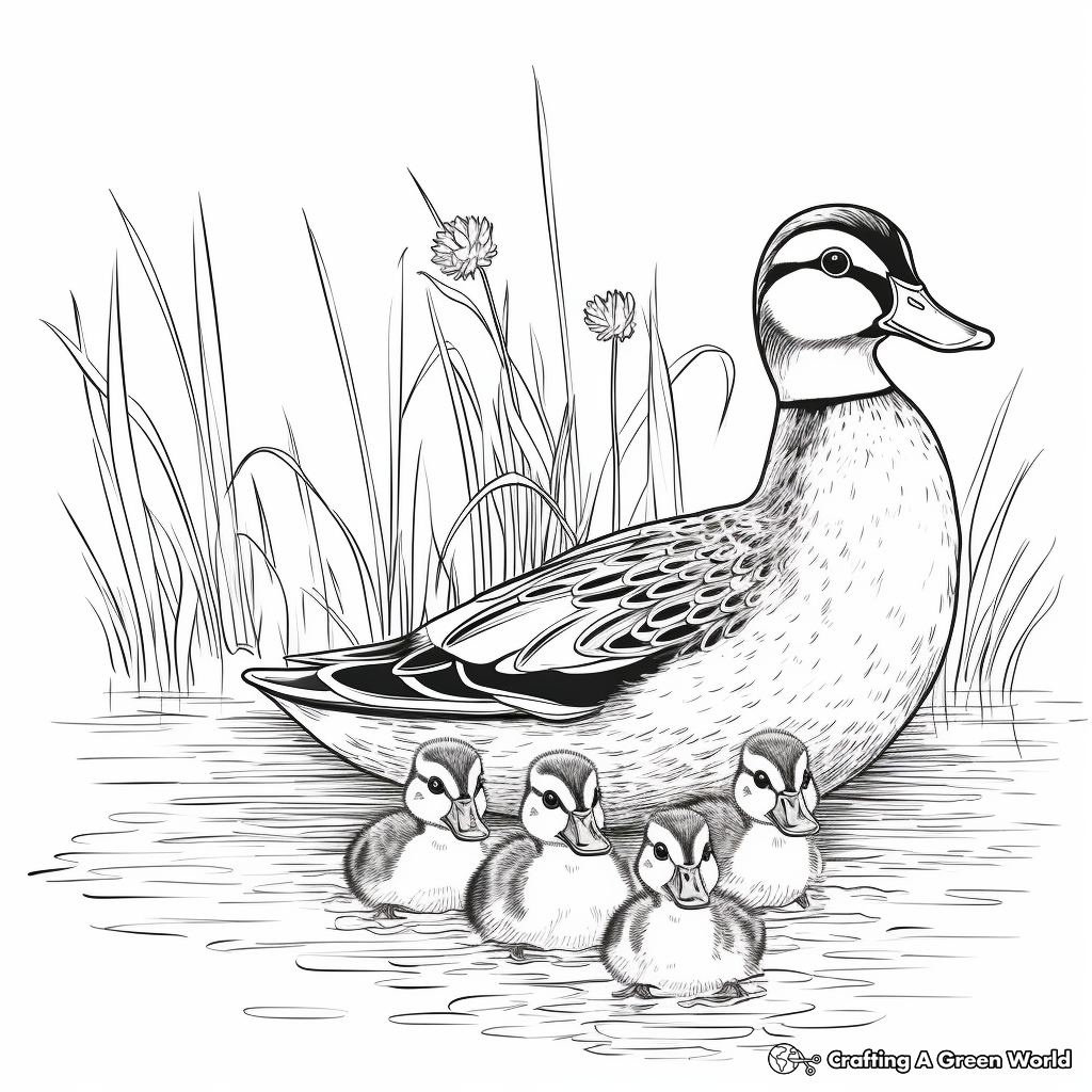 Wood Duck Family Coloring Pages: Male, Female, and Ducklings 4