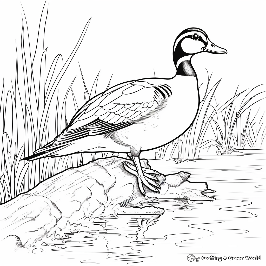 Wood Duck in Nature: Forest-Scene Coloring Pages 1