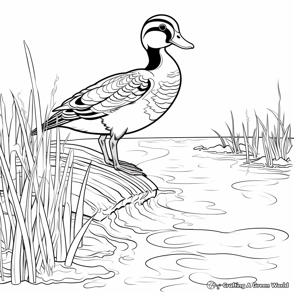 Wood Duck in Water: Lake Scene Coloring Pages 3