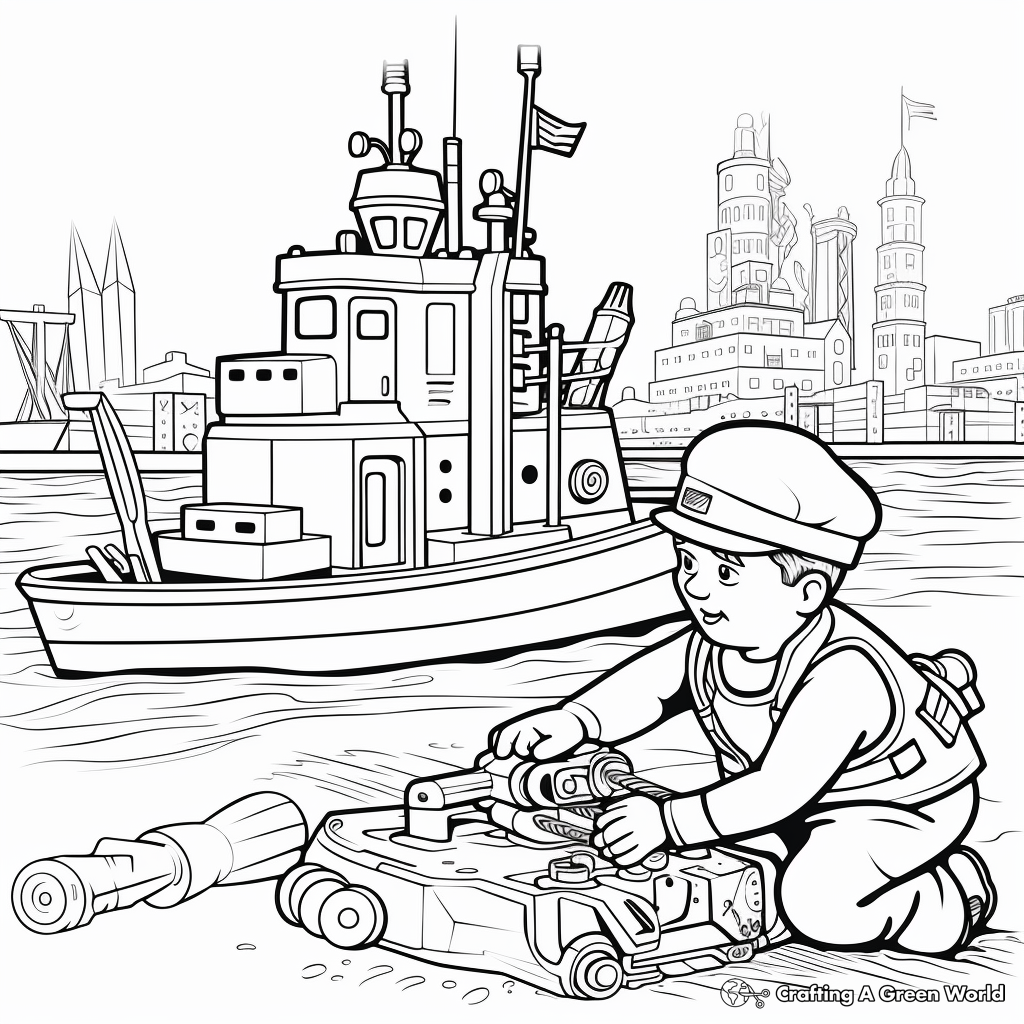 Working Tugboat Scene Coloring Pages 1