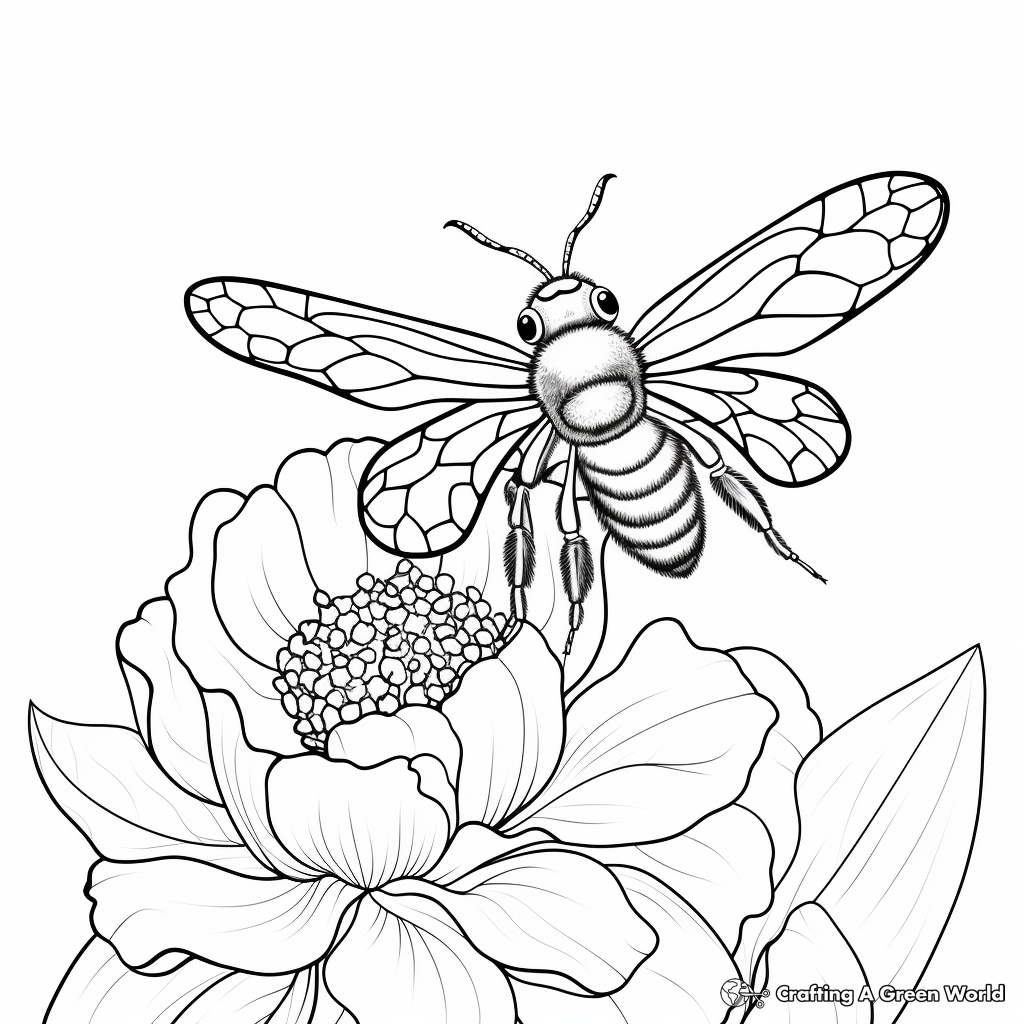 Zinnia and Bee Coloring Pages: Pollination Scene 1