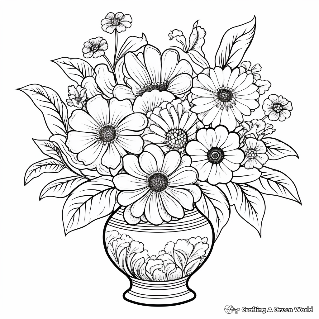 Zinnia Vase Arrangement Coloring Pages for Adults 1