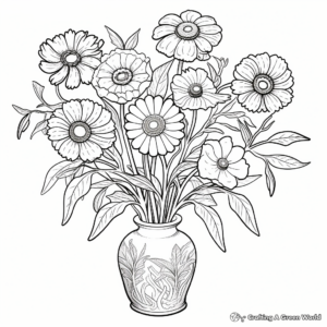 Zinnia Vase Arrangement Coloring Pages for Adults 3