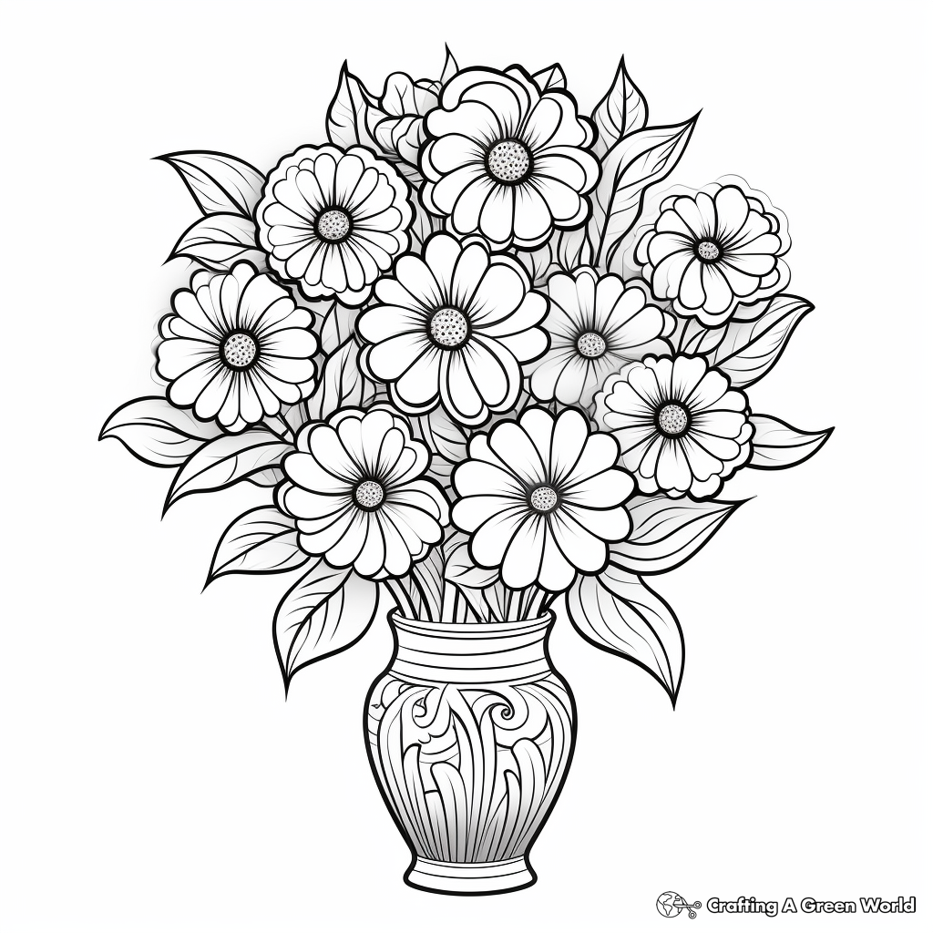 Zinnia Vase Arrangement Coloring Pages for Adults 4